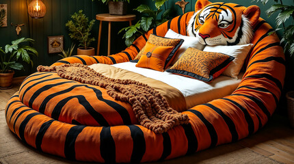 Creative Tiger-Shaped Bed in a Cozy Natural Bedroom – Modern Animal-Themed Furniture Design with Warm Lighting and Indoor Plants

