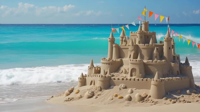 Elaborate sandcastle with colorful flags on a sunny tropical beach with turquoise ocean waves.