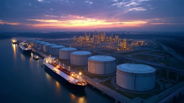 Aerial perspective showing a bustling LNG terminal with several ships docked and offloading arms in action surrounded by towering storage tanks and loading facilities under a dramatic