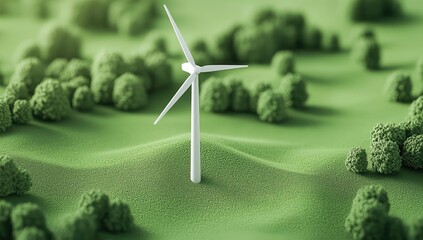 A miniature white wind turbine stands on a green, grassy hill, surrounded by stylized green bushes.  Sunlight softly illuminates the scene