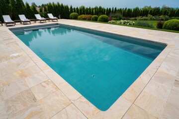 A pristine swimming pool with turquoise water and lounge chairs on a sunny day