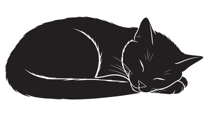 Black cat sleeping curled up, vector illustration in silhouette on white background