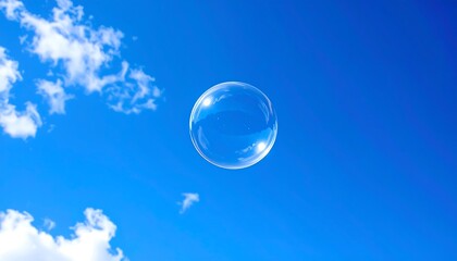 Clear soap bubble against a bright blue sky with fluffy white clouds