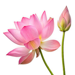 Fototapeta premium Delicate pink lotus flower and bud showing intricate petal details isolated on transparent background