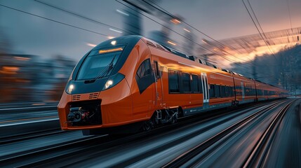 Naklejka premium Modern Orange Passenger Train Moving at Speed on Rail Tracks During Twilight