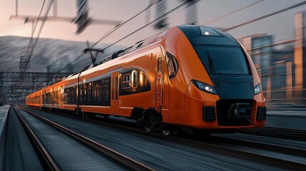 Fototapeta premium Modern Yellow Passenger Train Moving on Tracks in Urban Environment During Sunset