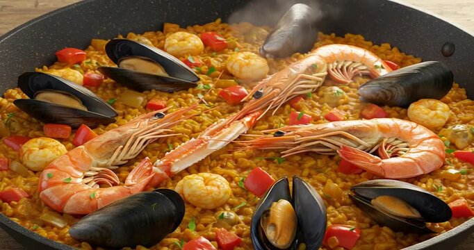 Vibrant seafood paella with shrimp and mussels served