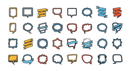 Collection of speech bubbles and banners in various shapes and colors