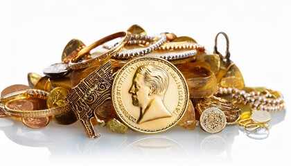 pile of old gold scrap jewelry and krugerrand coin isolated on transparency photo