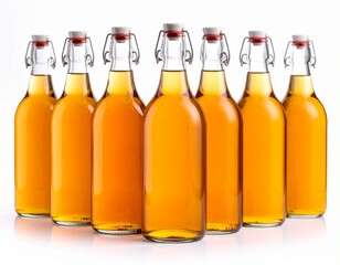 Homemade Kombucha in Glass Bottles with Cork Tops isolated on white 
