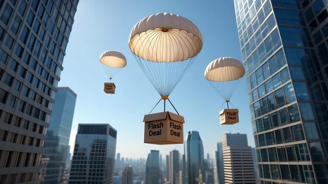 Unique promotion with parachutes delivering surprise packages over a city skyline