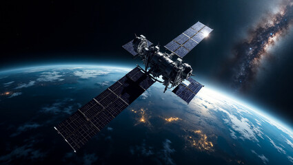 High-resolution futuristic satellite orbiting Earth with visible city lights, blue atmosphere, and distant Milky Way galaxy in the background, ideal for space, science, and technology concepts


