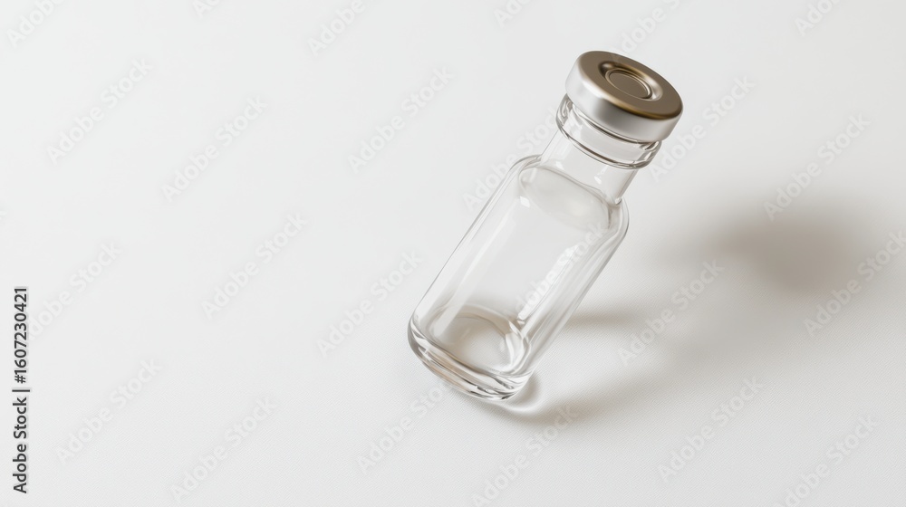Poster clear glass vial with silver cap showcasing minimalist design and empty space for branding or produc