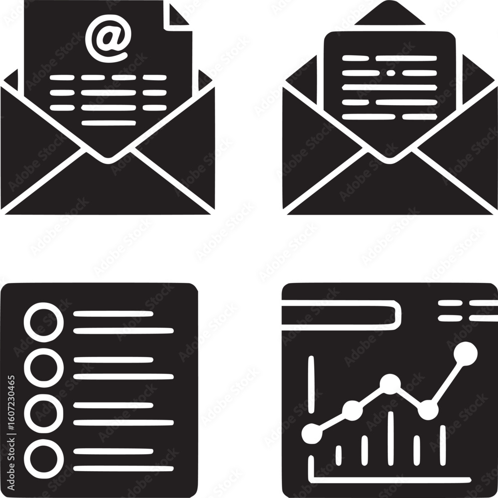 Poster email marketing strategy and data analytics icon set for business communication and growth analysis