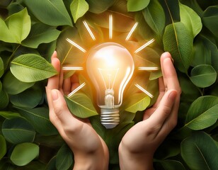 hands holding a glowing light bulb surrounded by leaves