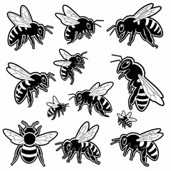 Black and white bee outlines in various poses