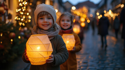 Happy children holding handmade paper lanterns during a St. Martin's Day parade at dusk, walking through a cozy autumn street filled with warm glowing lights. Banner with copy space