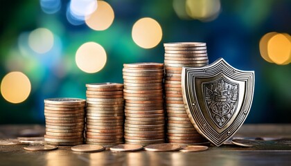 financial fortress a close up of stacked coins a gleaming shield in the foreground and a soft bokeh backdrop symbolizing financial security and protection