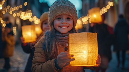 Happy children holding handmade paper lanterns during a St. Martin's Day parade at dusk, walking through a cozy autumn street filled with warm glowing lights. Banner with copy space