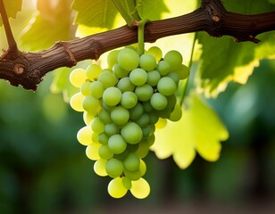 close up of green grapes vitis vinifera hanging on its tree branch