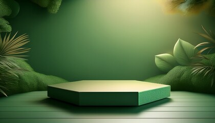 hexagon platform podium with natural light on green background for product display empty podium platform