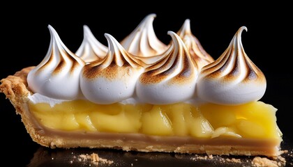 a close up view of a slice of lemon meringue pie with toasted meringue peaks on a black background