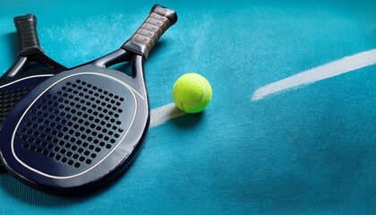 padel rackets and ball on turquoise background representing padel sport