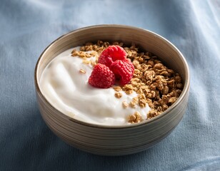 a bowl of greek yogurt with granola and raspberries on top
