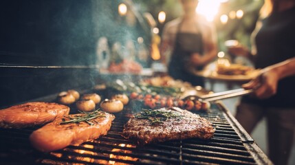 Family enjoying camping dinner party at night with close-up of sizzling grilled food on barbecue, happy people cooking meat and vegetables outdoors under dark sky with warm glowing fire light