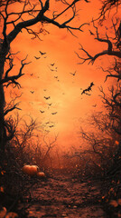 Concept of spooky Halloween background with minimal 3D product stage, orange gradient sky, black branches, and eerie decorations, perfect for seasonal advertising, banner design copy space for text