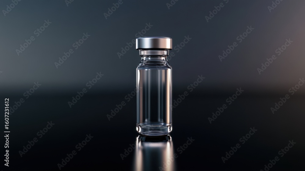 Poster glass vial with clear liquid on a reflective surface in a professional setting, with a soft gradient
