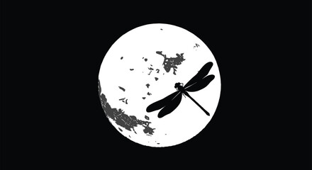 Dragonfly silhouette illustration, insect flying in moonlight, nighttime nature concept, full moon background, serene atmosphere graphic, celestial beauty design