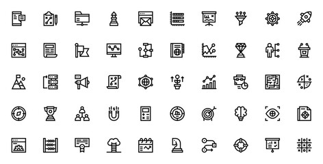 Strategy icon set. Business vector collection. Includes chess piece, bar chart, rocket launch, flowchart, trophy, target, compass, growth and more. Editable linear icons.