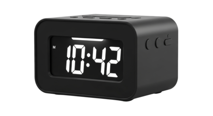 Black digital alarm clock displaying 10:42 isolated PNG with Transparent Background