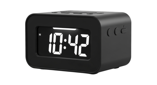 Black digital alarm clock displaying 10:42 isolated PNG with Transparent Background