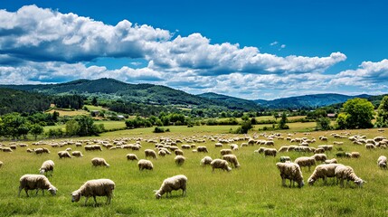 Obraz premium A serene landscape with a flock of sheep grazing under a bright blue sky.