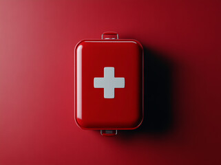 Obraz premium A highly detailed 3D render of a red first aid box, featuring a bold white cross, isolated on a soft studio backdrop, photographed from the top view