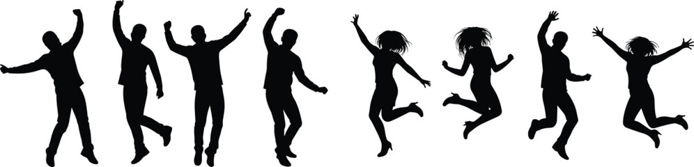 Group jumping silhouettes, joyful celebration pose, energetic people motion, diversity expression illustration, black and white design, marketing concept graphic image