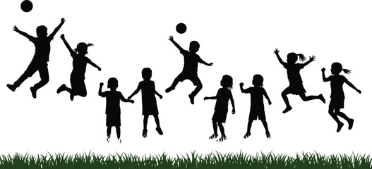 Group of joyful children jumping high in sunset light, silhouettes on grassy field, active lifestyle, fun, playful outdoor movement, happiness