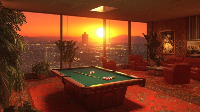 Rooftop pool hall at sunset
