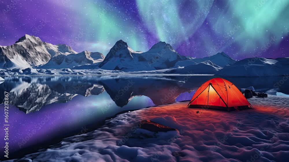 Wall mural antarctica aurora reflections dance time lapse above tent pan l generative ai