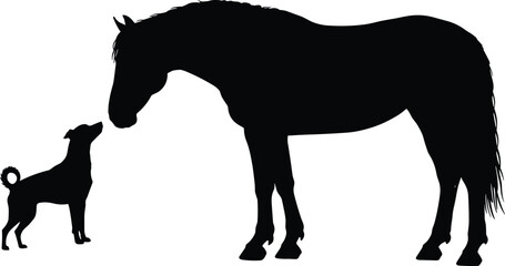 Horse and dog silhouette, animal friendship, species connection, black and white art, profile contrast, emotional moment, rural bond, abstract design
