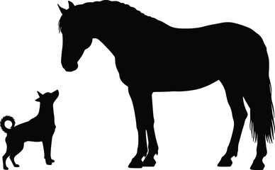 Horse and dog silhouettes, animal interaction art, black and white composition, contrasting profiles, rural creatures, emotional connection, abstract pet image