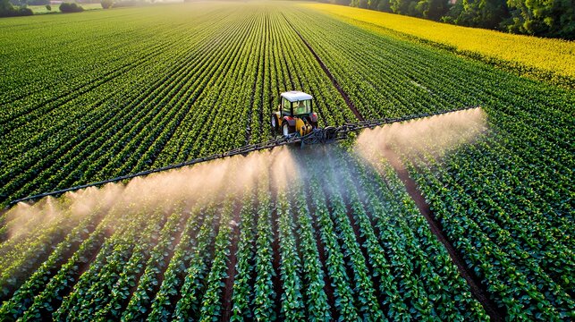 Aerial view of a tractor spraying crops in a lush green field at sunset. - Powered by Adobe