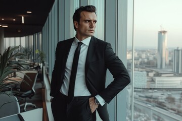 Fototapeta premium Businessman in suit looks out window with city skyline behind him
