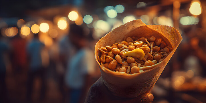 Hand holding paper cone filled with mixed savory snacks and lemon wedge