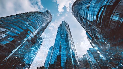 Futuristic skyscrapers with a digital network overlay under a bright blue sky.