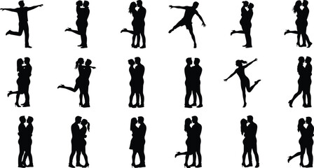 Romantic couple silhouettes dancing, hugging, kissing, expressing love, black and white vector, emotional connection, intimate relationship, affectionate pose design, illustration