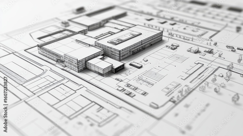 Poster architectural blueprint design of modern industrial complex with detailed layout and surrounding are