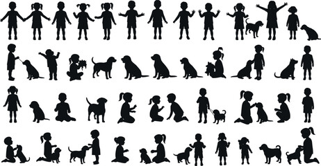 Silhouette children with pets, dogs and cats together, playful moments, family theme, black and white vector, joyful bond, illustration designSilhouette children with pets, dogs and cats together